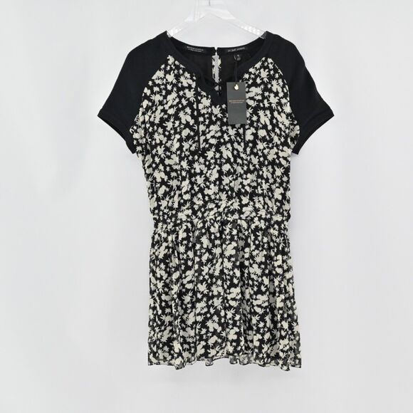 MAISON SCOTCH Dress Womens Size 4 Floral Mini Black Tropical Print Smocked NEW - Picture 2 of 14